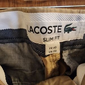 Men's Lacoste Flat Front Chino Pants Size 32x32 Solid Beige Logo Slim Fit